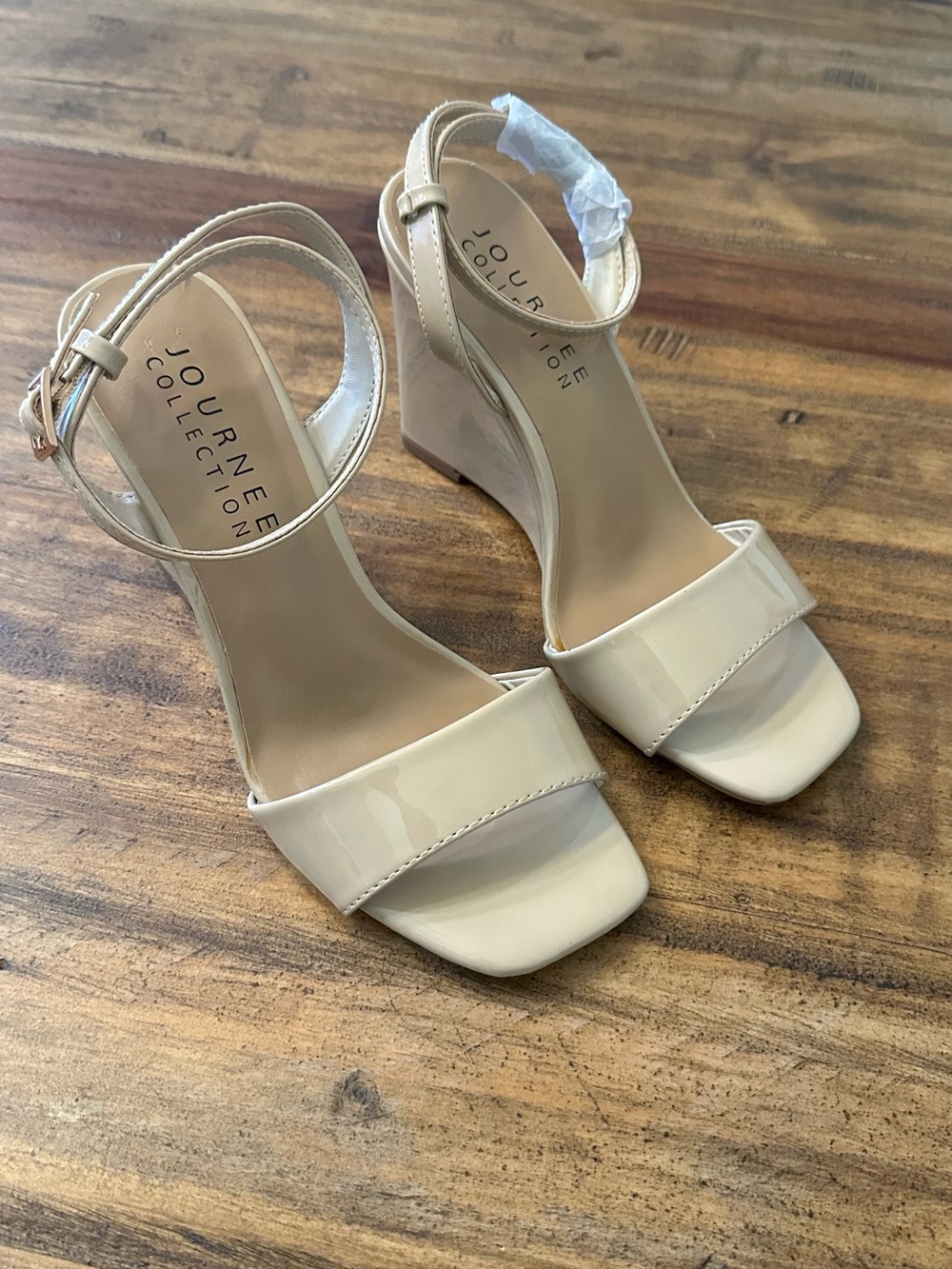Journee Collection Cream Patent Wedge Sandals with Ankle Strap